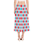 White Red And Blue Argyle Pattern Print Side Slit Midi Skirt