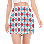 White Red And Blue Argyle Pattern Print Side Slit Mini Skirt
