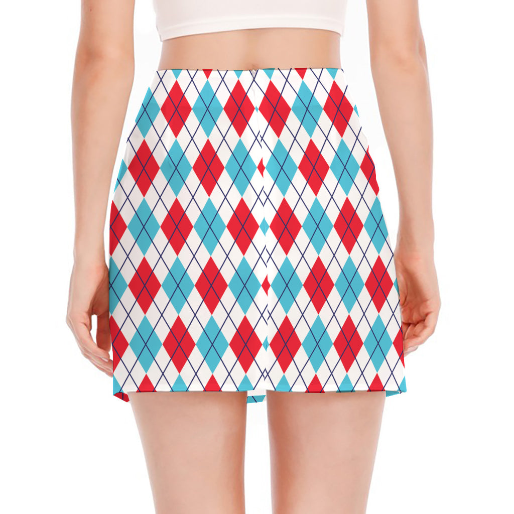 White Red And Blue Argyle Pattern Print Side Slit Mini Skirt