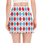 White Red And Blue Argyle Pattern Print Side Slit Mini Skirt
