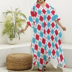 White Red And Blue Argyle Pattern Print Silk V-Neck Kaftan Dress