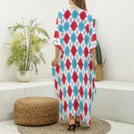 White Red And Blue Argyle Pattern Print Silk V-Neck Kaftan Dress