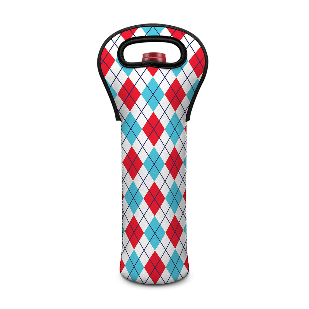 White Red And Blue Argyle Pattern Print Single Neoprene Wine Tote