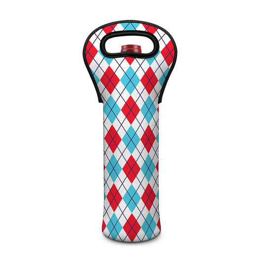 White Red And Blue Argyle Pattern Print Single Neoprene Wine Tote