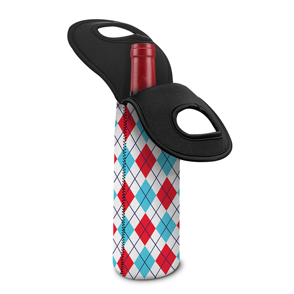 White Red And Blue Argyle Pattern Print Single Neoprene Wine Tote