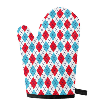 White Red And Blue Argyle Pattern Print Single Oven Mitt