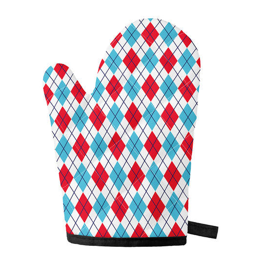 White Red And Blue Argyle Pattern Print Single Oven Mitt