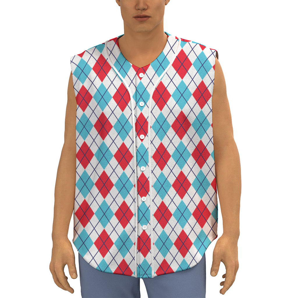 White Red And Blue Argyle Pattern Print Sleeveless Baseball Jersey