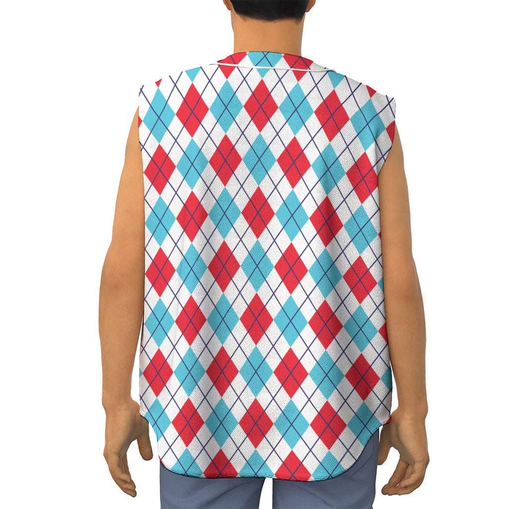 White Red And Blue Argyle Pattern Print Sleeveless Baseball Jersey