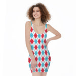 White Red And Blue Argyle Pattern Print Sleeveless Bodycon Dress