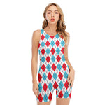 White Red And Blue Argyle Pattern Print Sleeveless One Piece Swimsuit