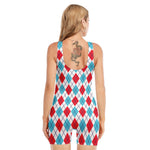 White Red And Blue Argyle Pattern Print Sleeveless One Piece Swimsuit