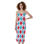 White Red And Blue Argyle Pattern Print Slim Fit Midi Cami Dress