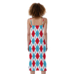 White Red And Blue Argyle Pattern Print Slim Fit Midi Cami Dress