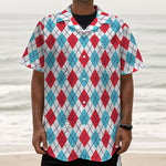 White Red And Blue Argyle Pattern Print Textured Short Sleeve Shirt