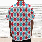 White Red And Blue Argyle Pattern Print Textured Short Sleeve Shirt