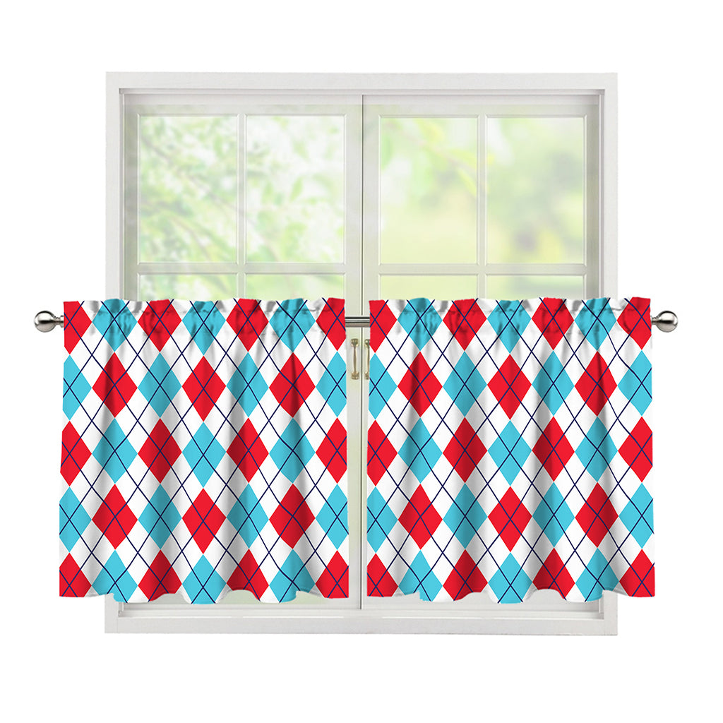 White Red And Blue Argyle Pattern Print Tier Curtains