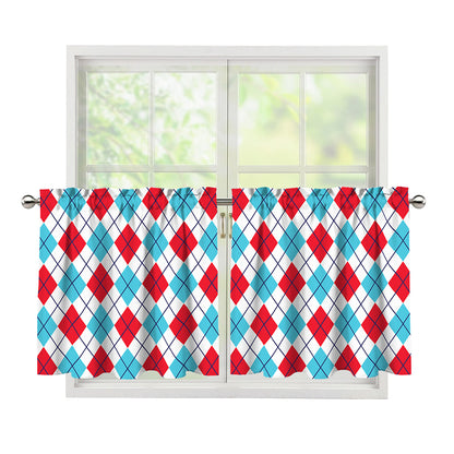 White Red And Blue Argyle Pattern Print Tier Curtains