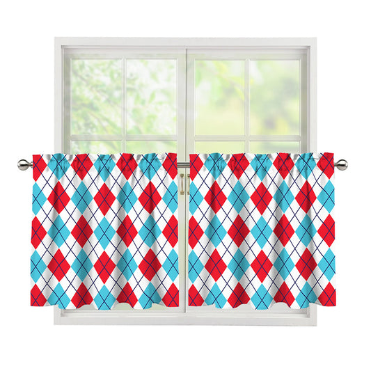 White Red And Blue Argyle Pattern Print Tier Curtains