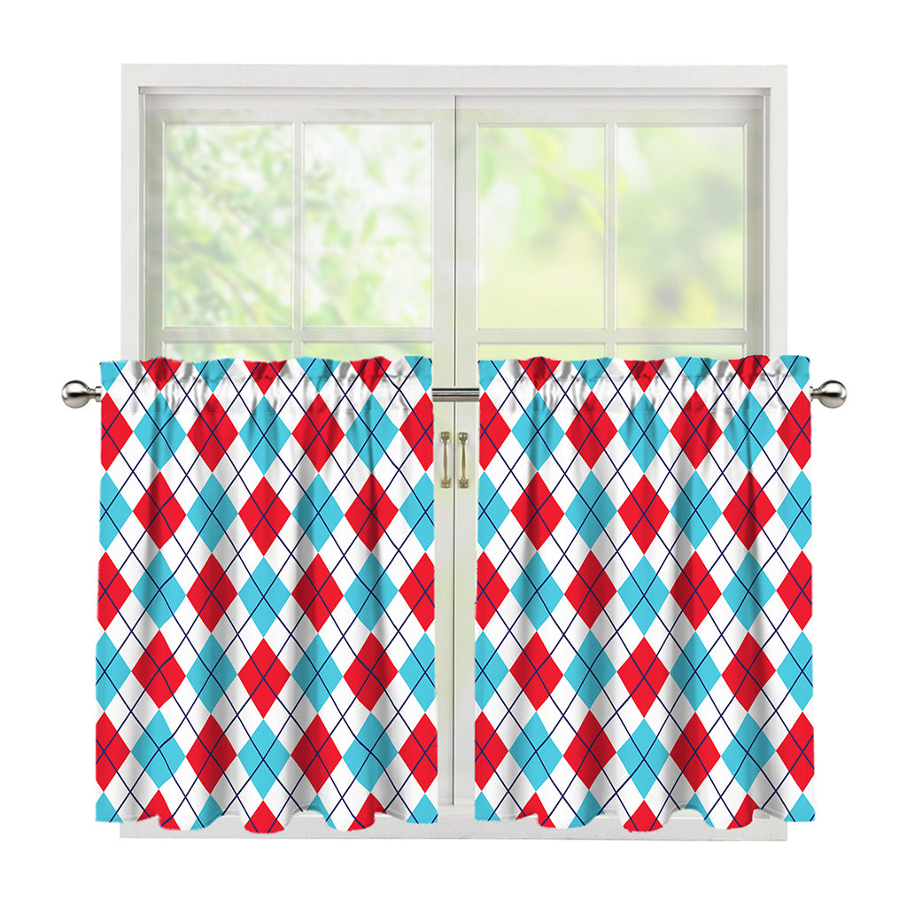 White Red And Blue Argyle Pattern Print Tier Curtains