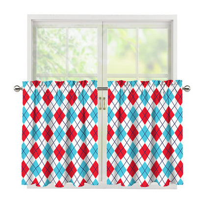 White Red And Blue Argyle Pattern Print Tier Curtains