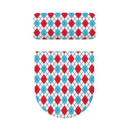 White Red And Blue Argyle Pattern Print Toilet Lid And Tank Cover Set