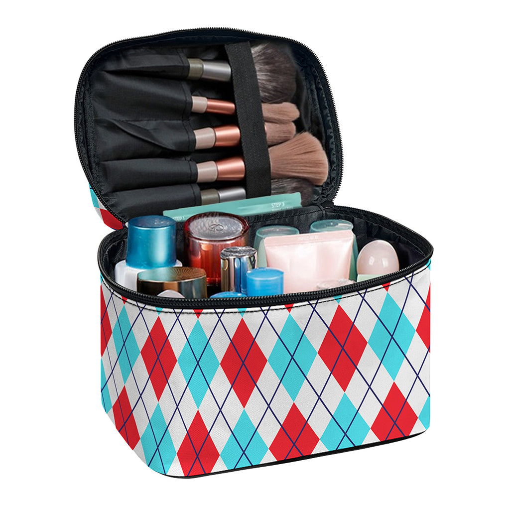 White Red And Blue Argyle Pattern Print Travel Makeup Bag
