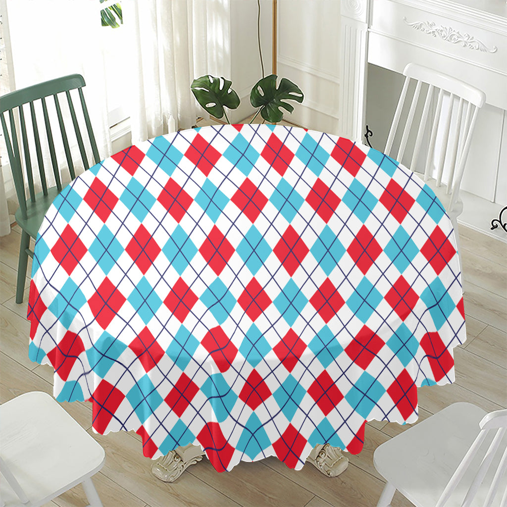 White Red And Blue Argyle Pattern Print Waterproof Round Tablecloth