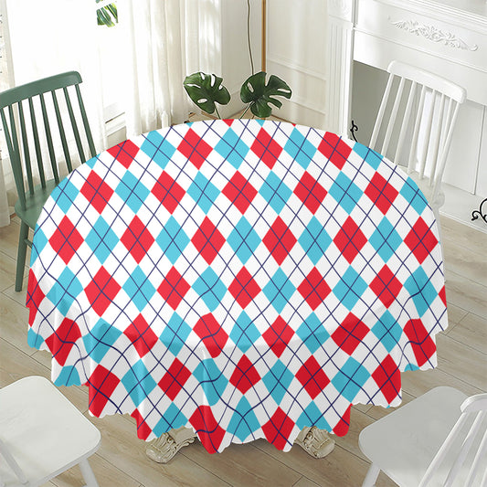 White Red And Blue Argyle Pattern Print Waterproof Round Tablecloth
