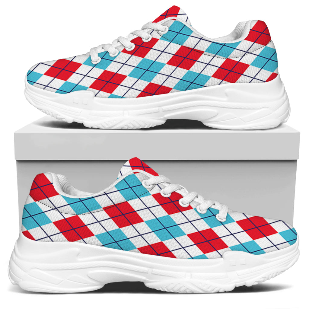 White Red And Blue Argyle Pattern Print White Chunky Shoes