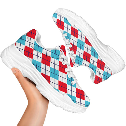 White Red And Blue Argyle Pattern Print White Chunky Shoes