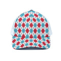 White Red And Blue Argyle Pattern Print White Mesh Trucker Hat