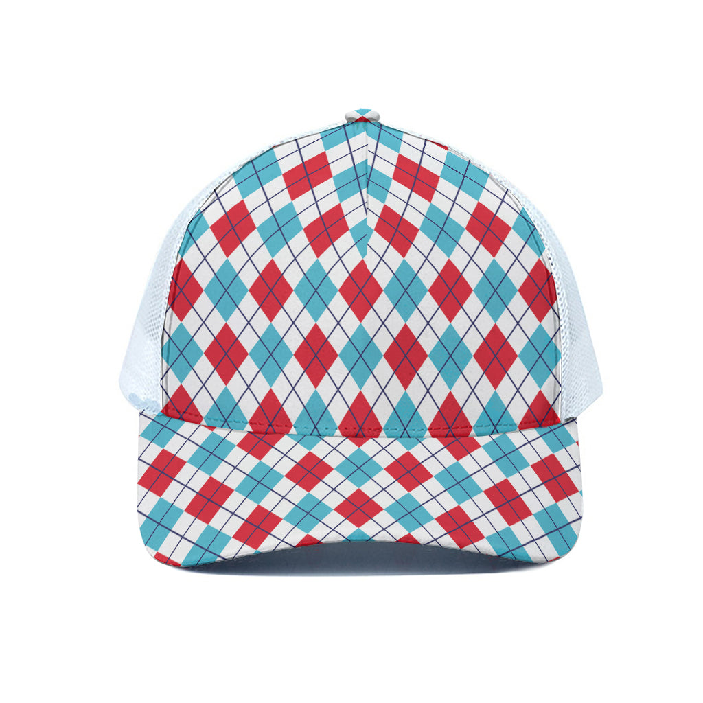 White Red And Blue Argyle Pattern Print White Mesh Trucker Cap