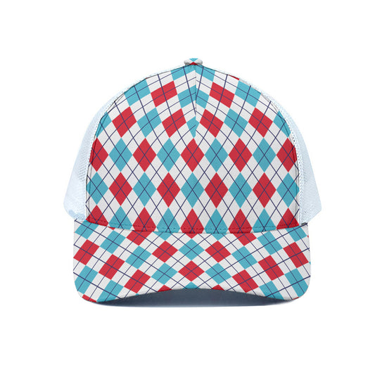 White Red And Blue Argyle Pattern Print White Mesh Trucker Cap