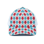 White Red And Blue Argyle Pattern Print White Mesh Trucker Cap