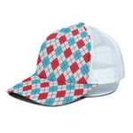 White Red And Blue Argyle Pattern Print White Mesh Trucker Cap