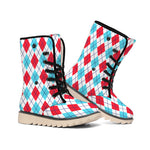 White Red And Blue Argyle Pattern Print Winter Boots
