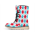White Red And Blue Argyle Pattern Print Winter Boots
