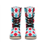White Red And Blue Argyle Pattern Print Winter Boots