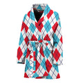 White Red And Blue Argyle Pattern Print Women's Bathrobe