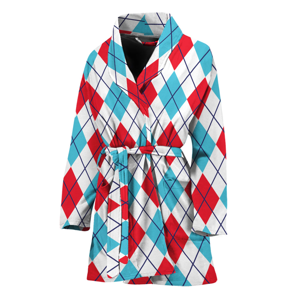 White Red And Blue Argyle Pattern Print Women's Bathrobe