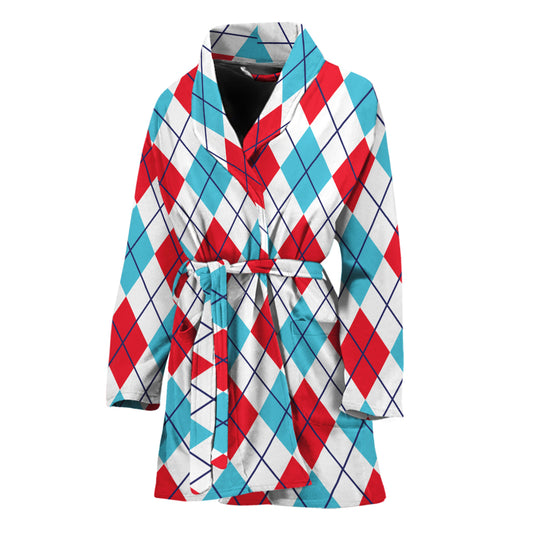 White Red And Blue Argyle Pattern Print Women's Bathrobe