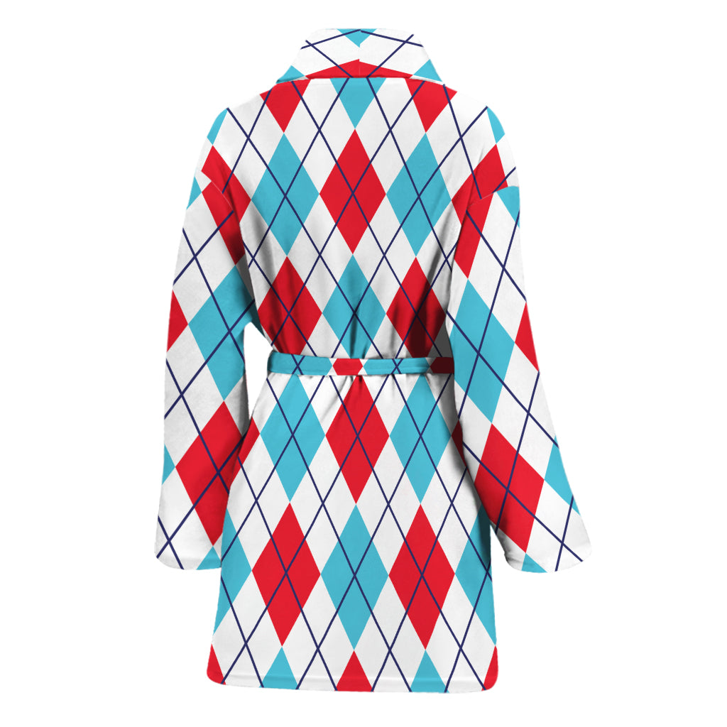 White Red And Blue Argyle Pattern Print Women's Bathrobe