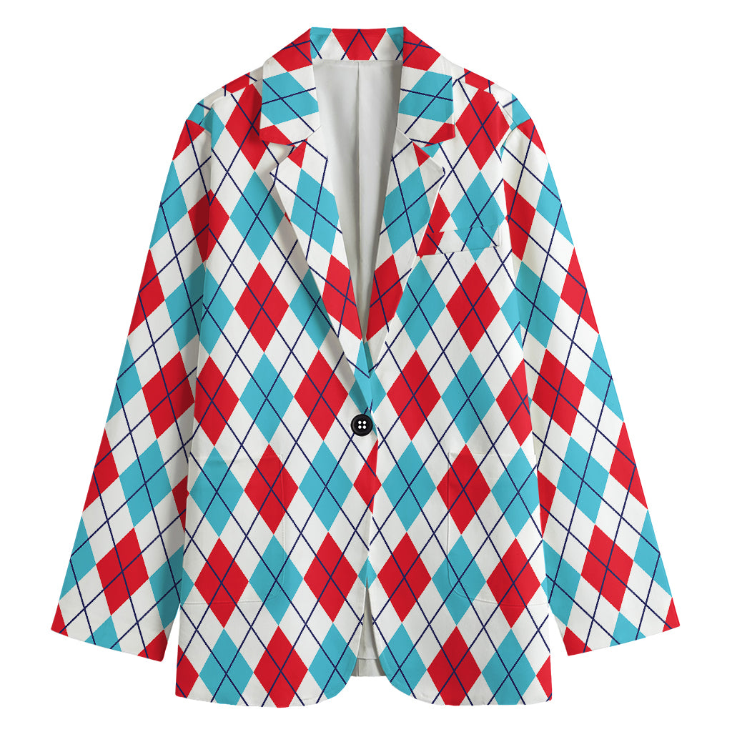 White Red And Blue Argyle Pattern Print Women's Blazer