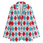 White Red And Blue Argyle Pattern Print Women's Blazer