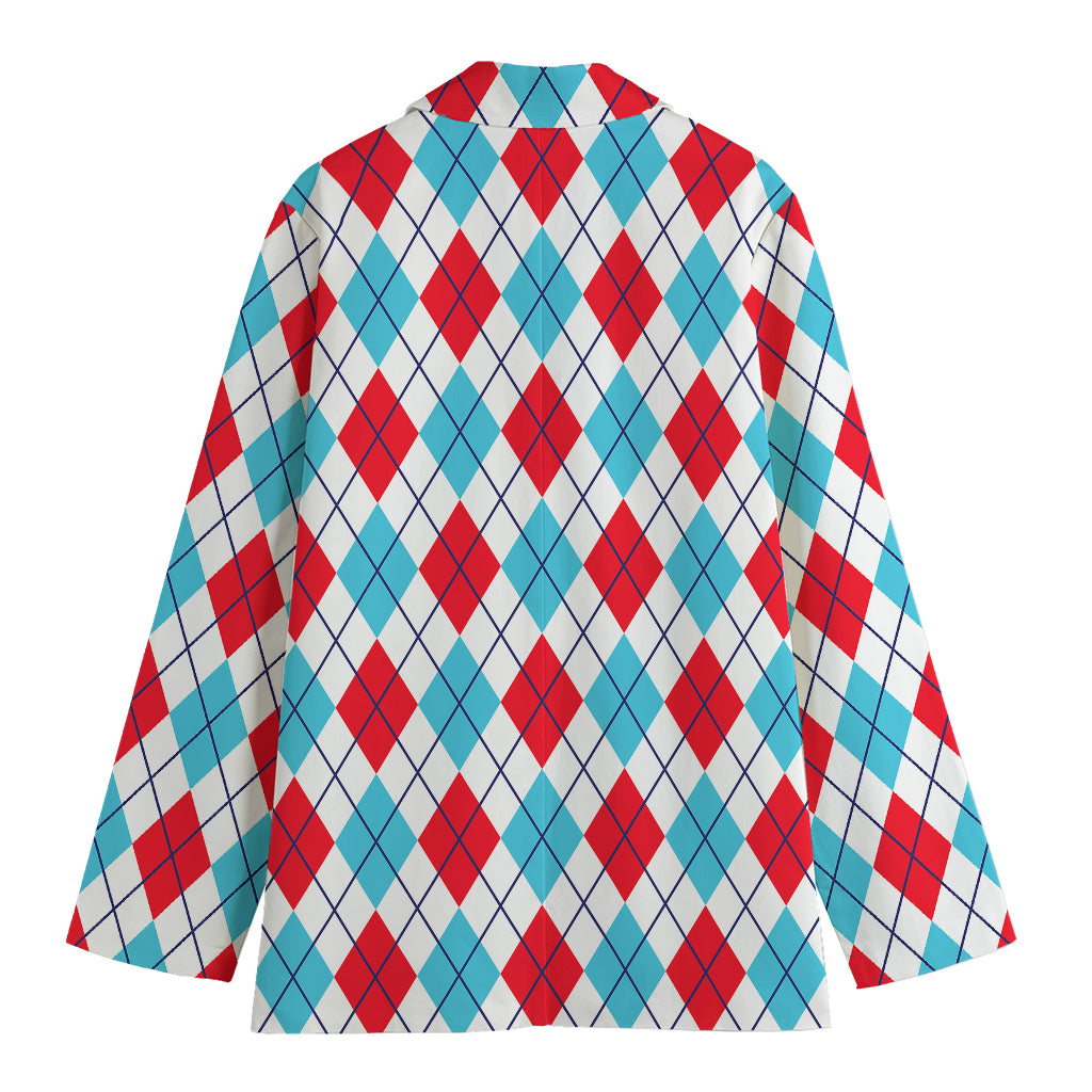 White Red And Blue Argyle Pattern Print Women's Blazer