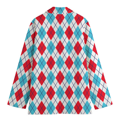 White Red And Blue Argyle Pattern Print Women's Blazer