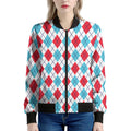 White Red And Blue Argyle Pattern Print Women's Bomber Jacket
