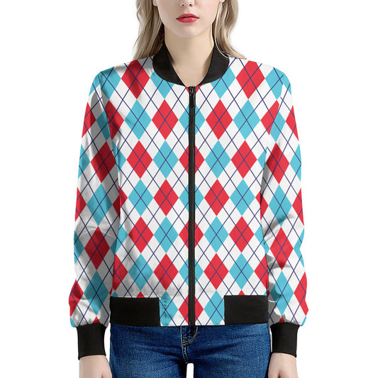 White Red And Blue Argyle Pattern Print Women's Bomber Jacket