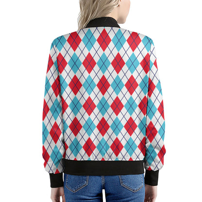 White Red And Blue Argyle Pattern Print Women's Bomber Jacket